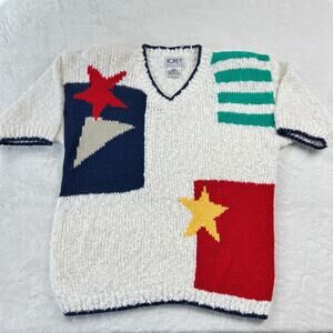 Koret Petites Vintage V-Neck Sweater Shirt 1980's Color Block Stars Women's Med